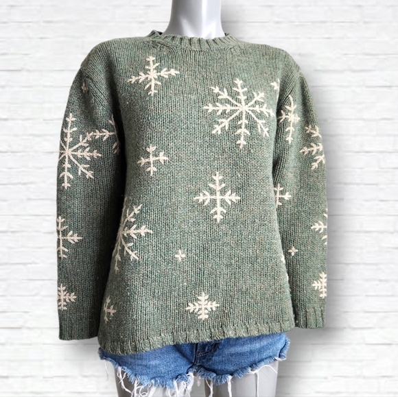 Eddie Bauer Sweaters - EDDIE Bauer Vintage Green Wool Snowflake Knit Crewneck Sweater Size S